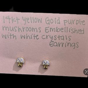 *NEW* 14kt Yellow Gold Purple Mushroom Embellished with/ White Crystals Earrings